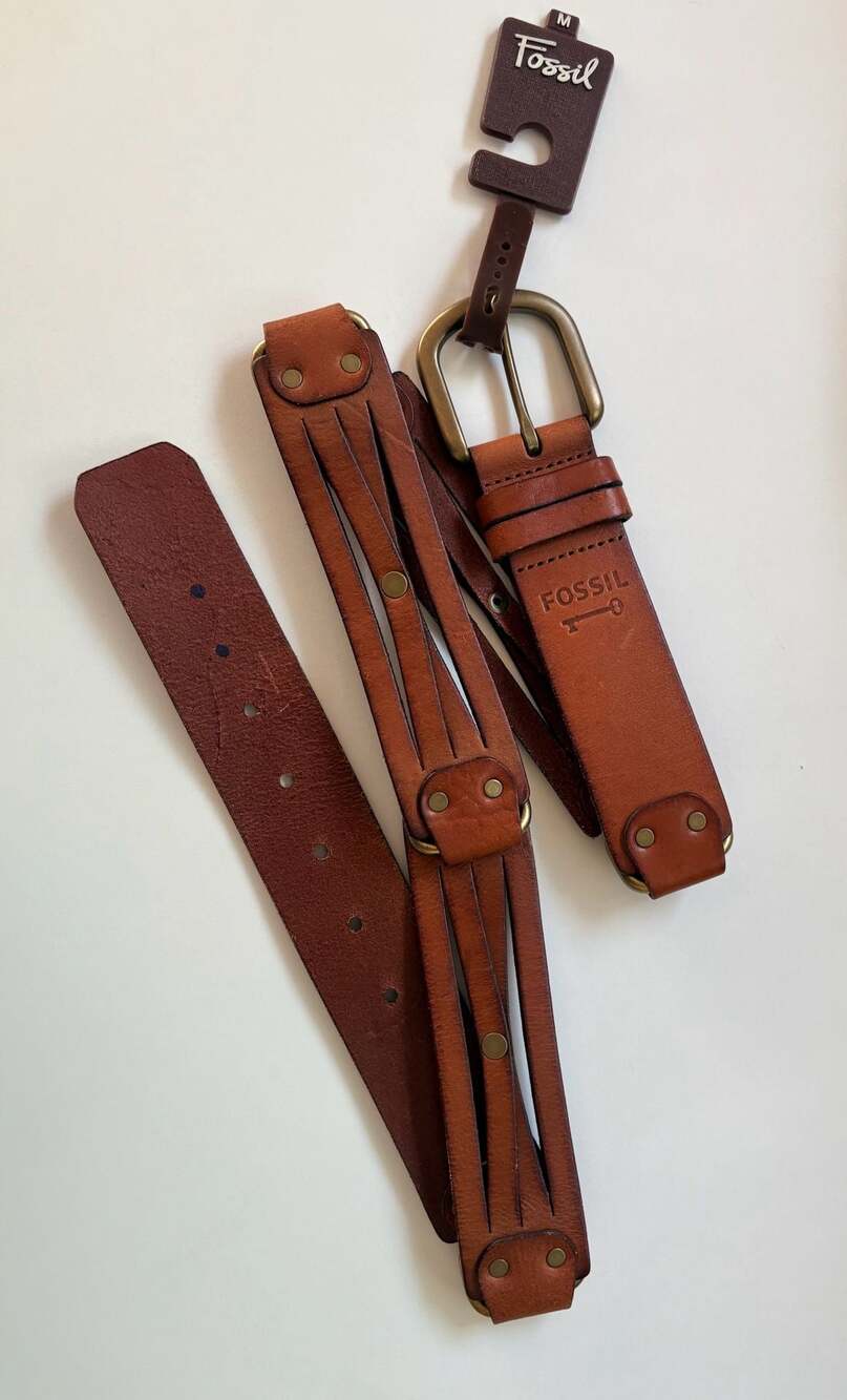 Fossil Women's Tan Leather Belt with Brass Hardware/ Cutout Detail, Size M. NWT